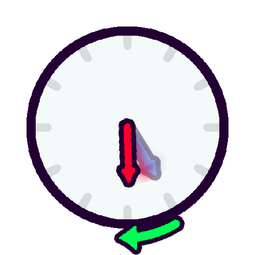 : A drawing of an analog clock being set forwards one hour. A semi-transparent  blue hour hand sits at 5 o’clock, showing the time before the change. Then, an opaque red hour hand sits at 6 o’clock, showing the current time. Motion blur and a green arrow outside of the clock show the clockwise motion. The clock is circular and colored a blue-ish off-white. It lacks any numbers, just having a set of 12 small lines around the outer edge for each hour. It also lacks a minute hand.